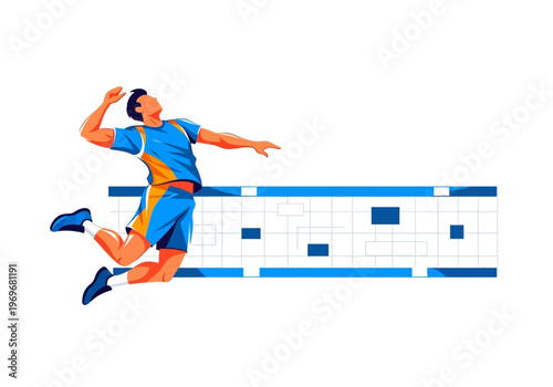 Volleyball player jumping to spike the ball during a match on a white background