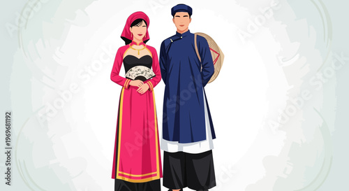 Vietnamese couple in traditional ao dai attire, cultural heritage illustration