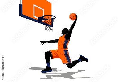 Basketball player in mid-air performing a slam dunk with the ball above the hoop