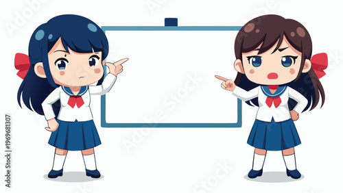 Two animated school girls pointing at a blank board during a classroom discussion, expressing different opinions on a topic