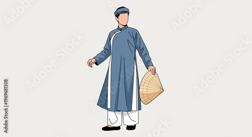 Vietnamese Man in Traditional Ao Dai Costume Holding Non La Hat