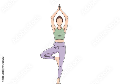 Woman practicing yoga in a tree pose, symbolizing balance and well-being