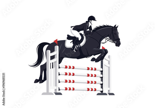 Equestrian athlete skillfully navigates a horse over a jumping obstacle in a competitive event