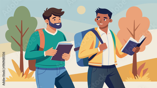 Friends walk and talk while carrying books in a park during daytime with trees and a sunny sky