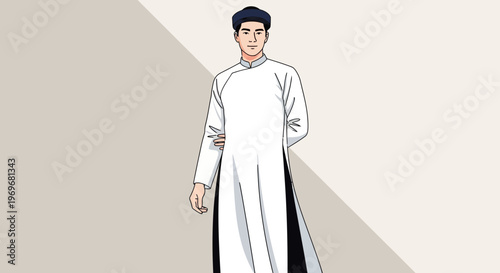 Vietnamese man in traditional ao dai, standing, white long robe, cultural attire