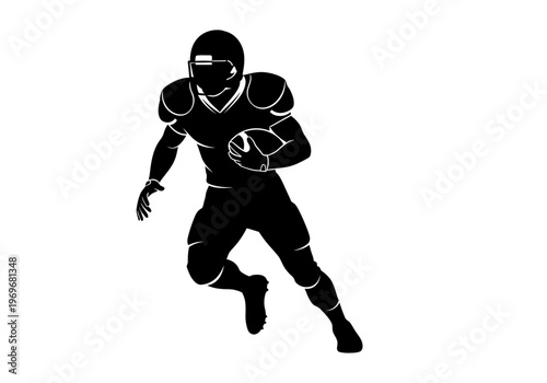 Silhouette of a football player running with the ball during a game, isolated on white background