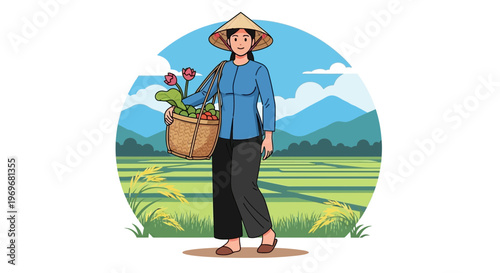 Vietnamese woman in conical hat carrying lotus flowers in a basket