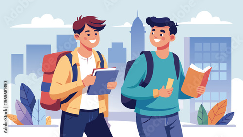 Two students walk and talk in a city setting while carrying books and backpacks during the day in a lively urban area