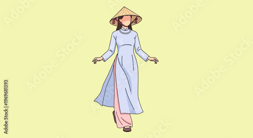 Vietnamese woman in traditional ao dai and conical hat, pastel colors, isolated on yellow background