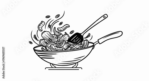 Wok cooking with food and spatula