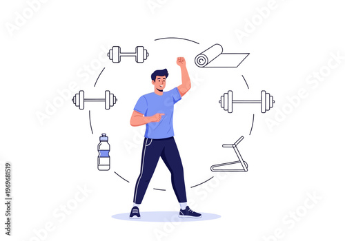 Man performing a fitness routine surrounded by exercise equipment and a water bottle