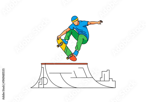 Skateboarder performing a trick mid-air over a skate ramp, illustration