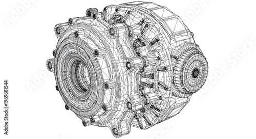Detailed Wireframe Illustration of a Complex Mechanical Gearbox Assembly.