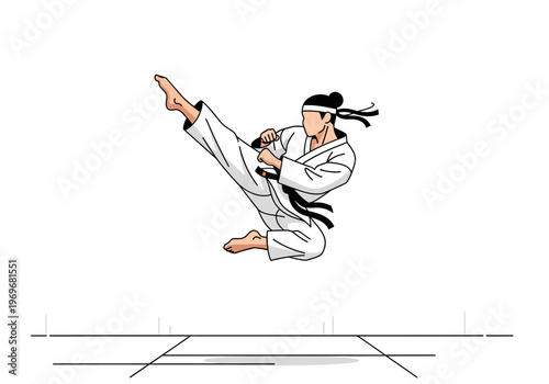Martial arts athlete performing a dynamic flying kick in a dojo setting, showcasing athleticism and skill