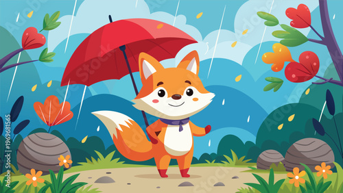 Cute fox holding an umbrella enjoys a rainy day in a colorful forest with trees, flowers, and falling leaves
