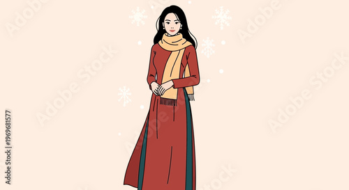 Woman in winter dress with scarf and snowflakes