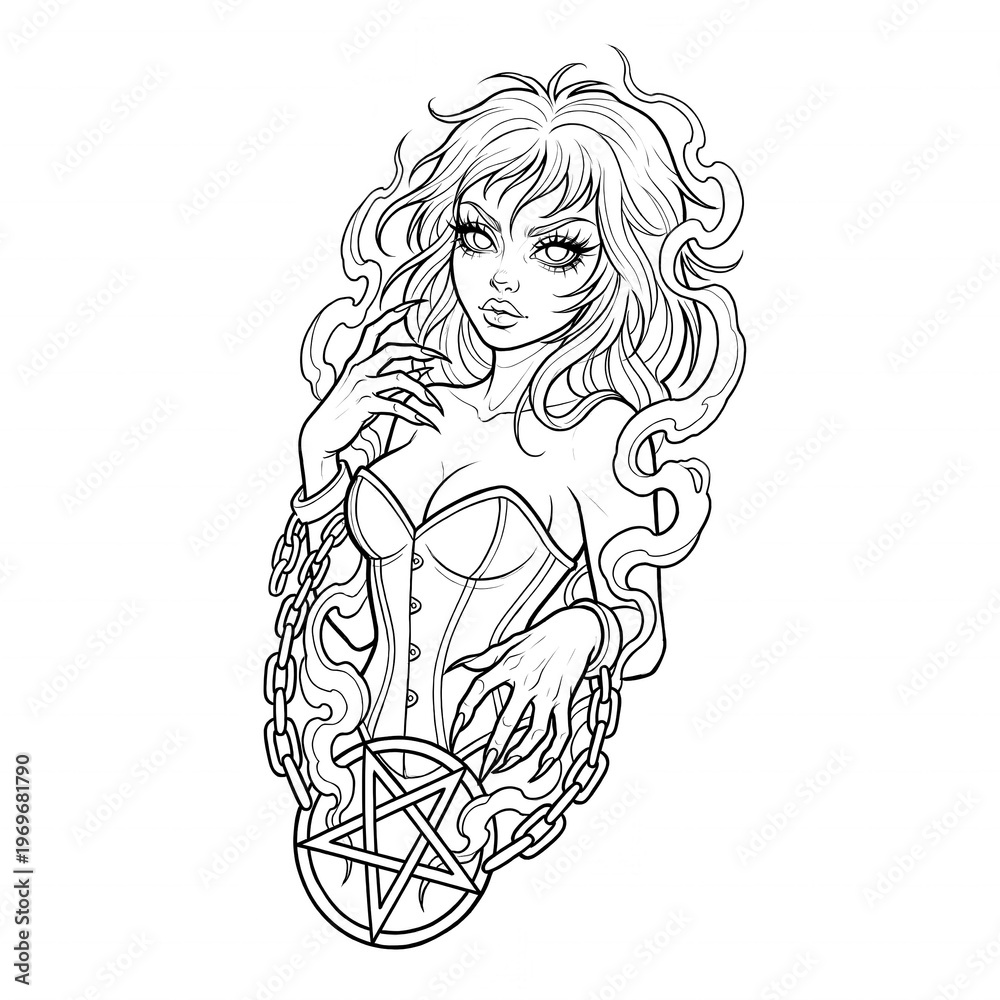 Fototapeta premium Gothic witch woman with chains and pentagram line art illustration