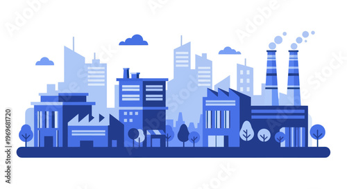 Industrial city landscape with factories and urban buildings illustration.