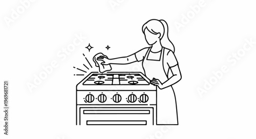 Woman cleaning stove with cloth, sparkles indicate cleanliness