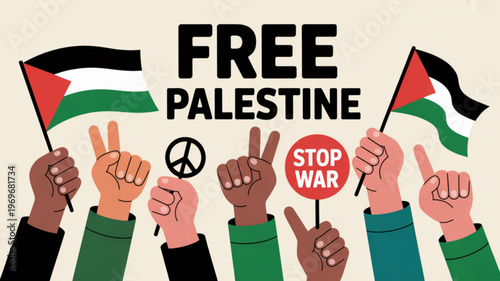 Diverse hands holding palestinian flags and peace signs with 'free palestine' and 'stop war' slogans