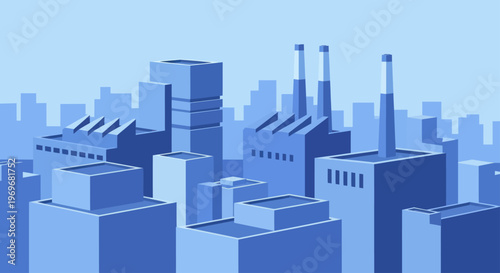 Industrial Cityscape with Factories and Buildings in Blue Tones.