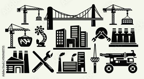 Industrial construction and engineering icons set for building and development projects.