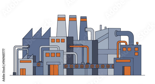 Industrial factory building with multiple smokestacks and pipes.