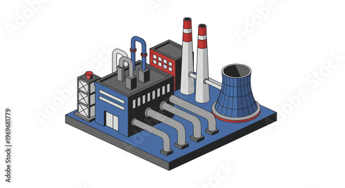 Industrial Factory Building with Cooling Tower and Smokestacks.