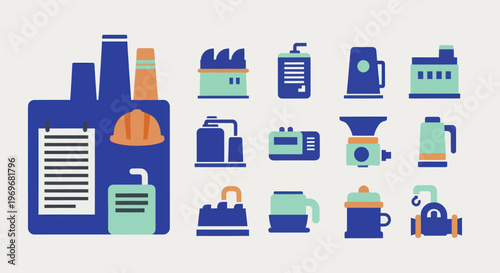 Industrial factory and various machinery icons set in a flat design style.