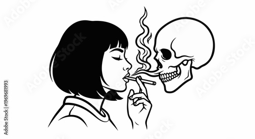 Woman exhaling smoke from cigarette towards a skull graphic