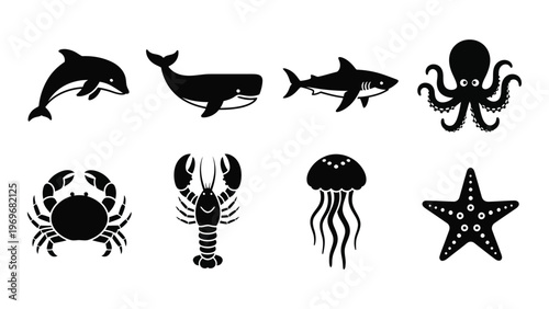 A collection of marine life icons featuring a dolphin whale shark octopus crab lobster jellyfish and starfish silhouette high quality professional