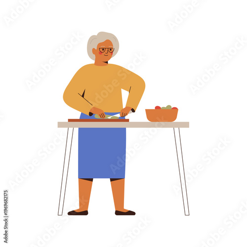 senior woman cooking food at kitchen on table. elderly female cutting vegetables, preparing healthy salad. Grandmother making breakfast or lunch at home. vector illustration