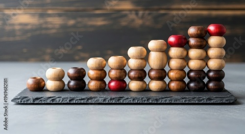 Wooden Abacus Beads Stacked in Increasing Size and Color