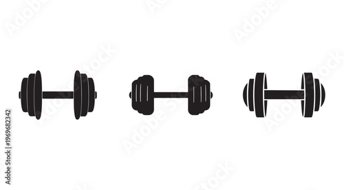 Three black dumbbells in different positions on white background for fitness and workout concepts  various weights and angles