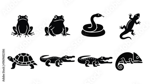 A collection of black silhouettes depicting various reptiles and amphibians including frogs snakes and lizards silhouette high quality professional detailed modern