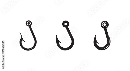 Three black fishing hooks with different barb shapes isolated on white background for fishing and outdoor activities