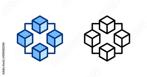 Blockchain thin line, solid icon set. Fintech, Financial Technology, Digital Mobile Banking, Finance concept. Blue, black outline vector icons.