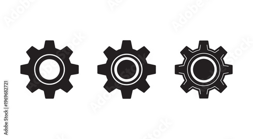 Three black gear icons with different fill levels on white background  gear icons set