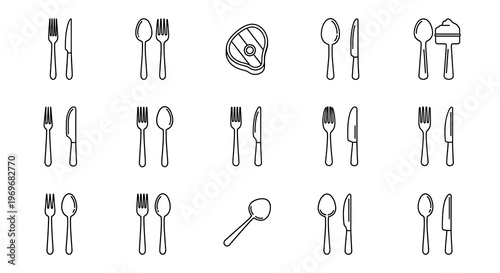 Assorted Utensils Icon Set for Food and Dining Graphics.