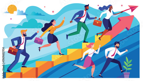 Business professionals climbing stairs with briefcases and an upward arrow in a city landscape during daytime