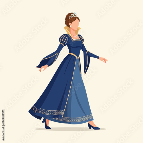 Elegant woman in blue medieval dress and tiara walking