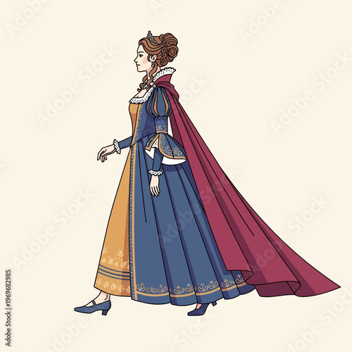 Elegant Queen in Royal Attire with Flowing Cape