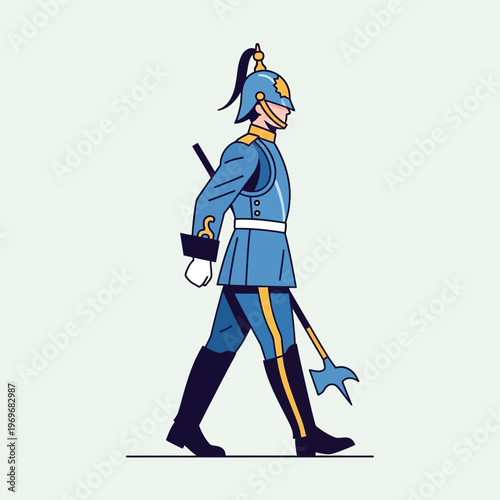 Illustration of a royal guard in ceremonial uniform marching, holding a halberd.