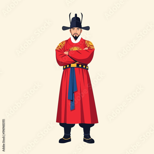 Korean King in Traditional Red Robes and Hat, Arms Crossed