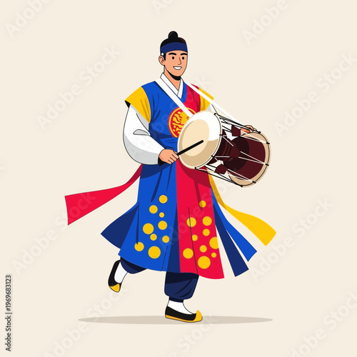 Korean man in traditional costume playing drum