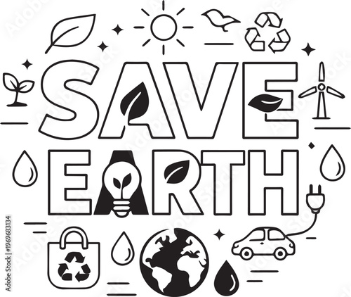 Black and white illustration representing world environment day with various nature icons around