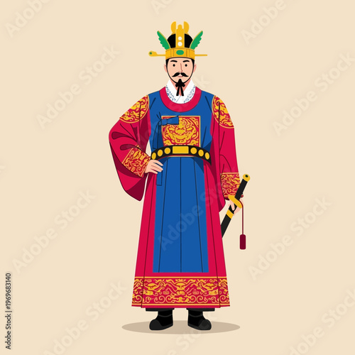 Korean King in Traditional Royal Costume with Sword
