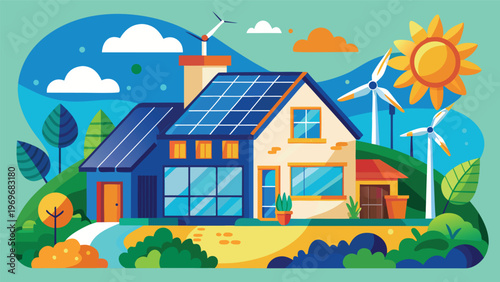 Solar panels and wind turbines are installed at a house in a green environment on a sunny day