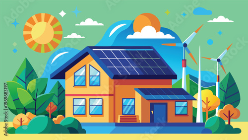 Solar energy house with wind turbines under a bright sky near trees and hills during daytime