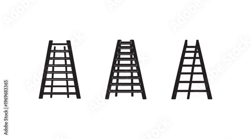 Three black ladders in different positions on white background for climbing and construction work  versatile and useful tool for various tasks